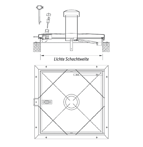 Schachtabdeckung Typ Brunnen quadratisch mit Dunstkamin Skizze